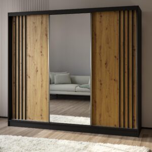 wohnli-moebel-suche-800001327702-1 SCHWEBETÜRENSCHRANK NELVIA 240/216/61 cm 3-türig mit Spiegel Schwarz Holzwerkstoff MASSENO Möbel > Schränke > Kleiderschränke > Schwebetürenschränke Schwarz
