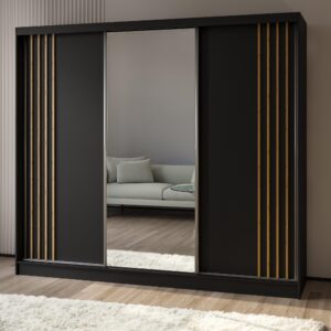 wohnli-moebel-suche-800001327708-1 SCHWEBETÜRENSCHRANK NELVIA 240/216/61 cm 3-türig mit Spiegel Schwarz Holzwerkstoff MASSENO Möbel > Schränke > Kleiderschränke > Schwebetürenschränke Schwarz
