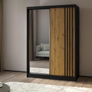wohnli-moebel-suche-800001327714-1 SCHWEBETÜRENSCHRANK NELVIA 150/216/61 cm 2-türig mit Spiegel Schwarz Holzwerkstoff MASSENO Möbel > Schränke > Kleiderschränke > Schwebetürenschränke Schwarz