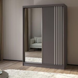 wohnli-moebel-suche-800001327721-1 SCHWEBETÜRENSCHRANK NELVIA 150/216/61 cm 2-türig mit Spiegel Grau Holzwerkstoff MASSENO Möbel > Schränke > Kleiderschränke > Schwebetürenschränke Grau