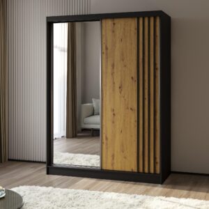 wohnli-moebel-suche-800001327729-1 SCHWEBETÜRENSCHRANK NELVIA 160/216/61 cm 2-türig mit Spiegel Schwarz Holzwerkstoff MASSENO Möbel > Schränke > Kleiderschränke > Schwebetürenschränke Schwarz