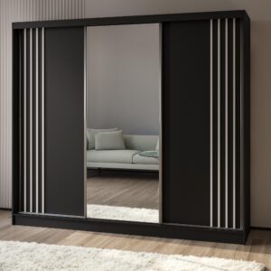 wohnli-moebel-suche-800001327735-1 SCHWEBETÜRENSCHRANK NELVIA 240/216/61 cm 3-türig mit Spiegel Schwarz Holzwerkstoff MASSENO Möbel > Schränke > Kleiderschränke > Schwebetürenschränke Schwarz