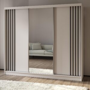 wohnli-moebel-suche-800001327737-1 SCHWEBETÜRENSCHRANK NELVIA 240/216/61 cm 3-türig mit Spiegel Weiß Holzwerkstoff MASSENO Möbel > Schränke > Kleiderschränke > Schwebetürenschränke Weiß