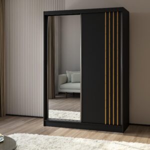 wohnli-moebel-suche-800001327739-1 SCHWEBETÜRENSCHRANK NELVIA 150/216/61 cm 2-türig mit Spiegel Schwarz Holzwerkstoff MASSENO Möbel > Schränke > Kleiderschränke > Schwebetürenschränke Schwarz