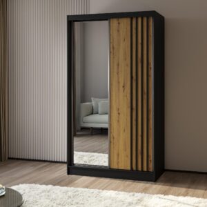 wohnli-moebel-suche-800001327741-1 SCHWEBETÜRENSCHRANK NELVIA 120/216/61 cm 2-türig mit Spiegel Schwarz Holzwerkstoff MASSENO Möbel > Schränke > Kleiderschränke > Schwebetürenschränke Schwarz