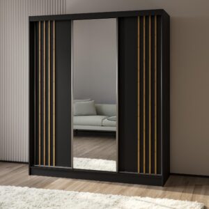 wohnli-moebel-suche-800001327742-1 SCHWEBETÜRENSCHRANK NELVIA 180/216/61 cm 3-türig mit Spiegel Schwarz Holzwerkstoff MASSENO Möbel > Schränke > Kleiderschränke > Schwebetürenschränke Schwarz