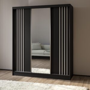 wohnli-moebel-suche-800001327744-1 SCHWEBETÜRENSCHRANK NELVIA 180/216/61 cm 3-türig mit Spiegel Schwarz Holzwerkstoff MASSENO Möbel > Schränke > Kleiderschränke > Schwebetürenschränke Schwarz
