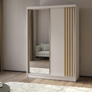 wohnli-moebel-suche-800001327745-1 SCHWEBETÜRENSCHRANK NELVIA 150/216/61 cm 2-türig mit Spiegel Weiß Holzwerkstoff MASSENO Möbel > Schränke > Kleiderschränke > Schwebetürenschränke Weiß