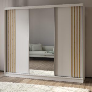 SCHWEBETÜRENSCHRANK NELVIA 240/216/61 cm 3-türig mit Spiegel Weiß Holzwerkstoff MASSENO Möbel > Schränke > Kleiderschränke > Schwebetürenschränke Weiß