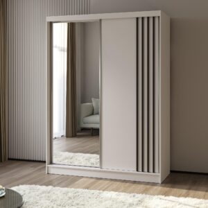 wohnli-moebel-suche-800001327747-1 SCHWEBETÜRENSCHRANK NELVIA 160/216/61 cm 2-türig mit Spiegel Weiß Holzwerkstoff MASSENO Möbel > Schränke > Kleiderschränke > Schwebetürenschränke Weiß