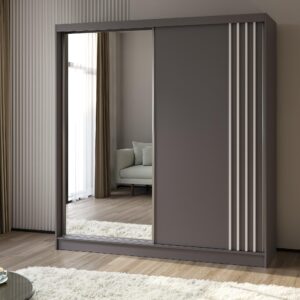 wohnli-moebel-suche-800001327748-1 SCHWEBETÜRENSCHRANK NELVIA 200/216/61 cm 2-türig mit Spiegel Grau Holzwerkstoff MASSENO Möbel > Schränke > Kleiderschränke > Schwebetürenschränke Grau