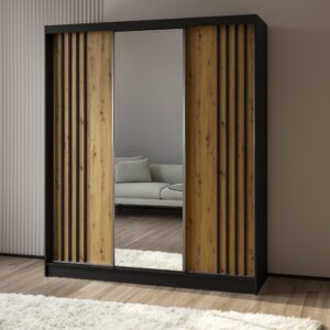 wohnli-moebel-suche-800001327749-1 SCHWEBETÜRENSCHRANK NELVIA 180/216/61 cm 3-türig mit Spiegel Schwarz Holzwerkstoff MASSENO Möbel > Schränke > Kleiderschränke > Schwebetürenschränke Schwarz