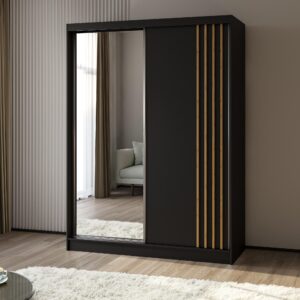 wohnli-moebel-suche-800001327750-1 SCHWEBETÜRENSCHRANK NELVIA 160/216/61 cm 2-türig mit Spiegel Schwarz Holzwerkstoff MASSENO Möbel > Schränke > Kleiderschränke > Schwebetürenschränke Schwarz