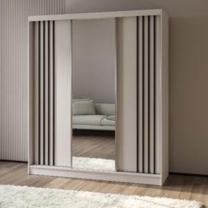 wohnli-moebel-suche-800001327751-1 SCHWEBETÜRENSCHRANK NELVIA 180/216/61 cm 3-türig mit Spiegel Weiß Holzwerkstoff MASSENO Möbel > Schränke > Kleiderschränke > Schwebetürenschränke Weiß