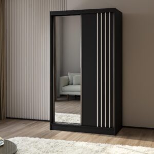 wohnli-moebel-suche-800001327752-1 SCHWEBETÜRENSCHRANK NELVIA 120/216/61 cm 2-türig mit Spiegel Schwarz Holzwerkstoff MASSENO Möbel > Schränke > Kleiderschränke > Schwebetürenschränke Schwarz