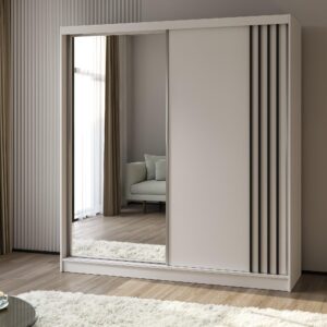 wohnli-moebel-suche-800001327753-1 SCHWEBETÜRENSCHRANK NELVIA 200/216/61 cm 2-türig mit Spiegel Weiß Holzwerkstoff MASSENO Möbel > Schränke > Kleiderschränke > Schwebetürenschränke Weiß