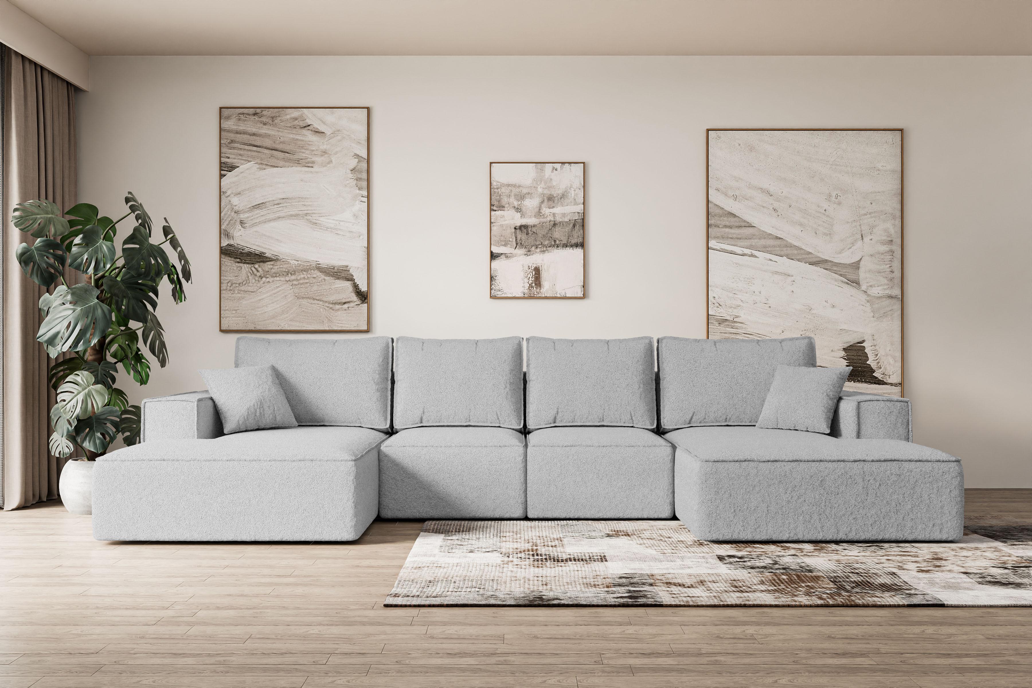 WOHNLANDSCHAFT mit Schlaffunktion und Bettkasten SIERRA-U-S - 349x161x87 cm Hellgrau Bouclé Textil ALTDECOR Möbel > Sofas & Couches > Wohnlandschaften > Wohnlandschaften U-Form Grau