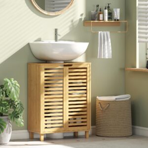 WASCHBECKENUNTERSCHRANK Bambus MDF Naturholz Holz HOMCOM Möbel > Schränke > Badezimmerschränke > Waschbeckenunterschränke Braun
