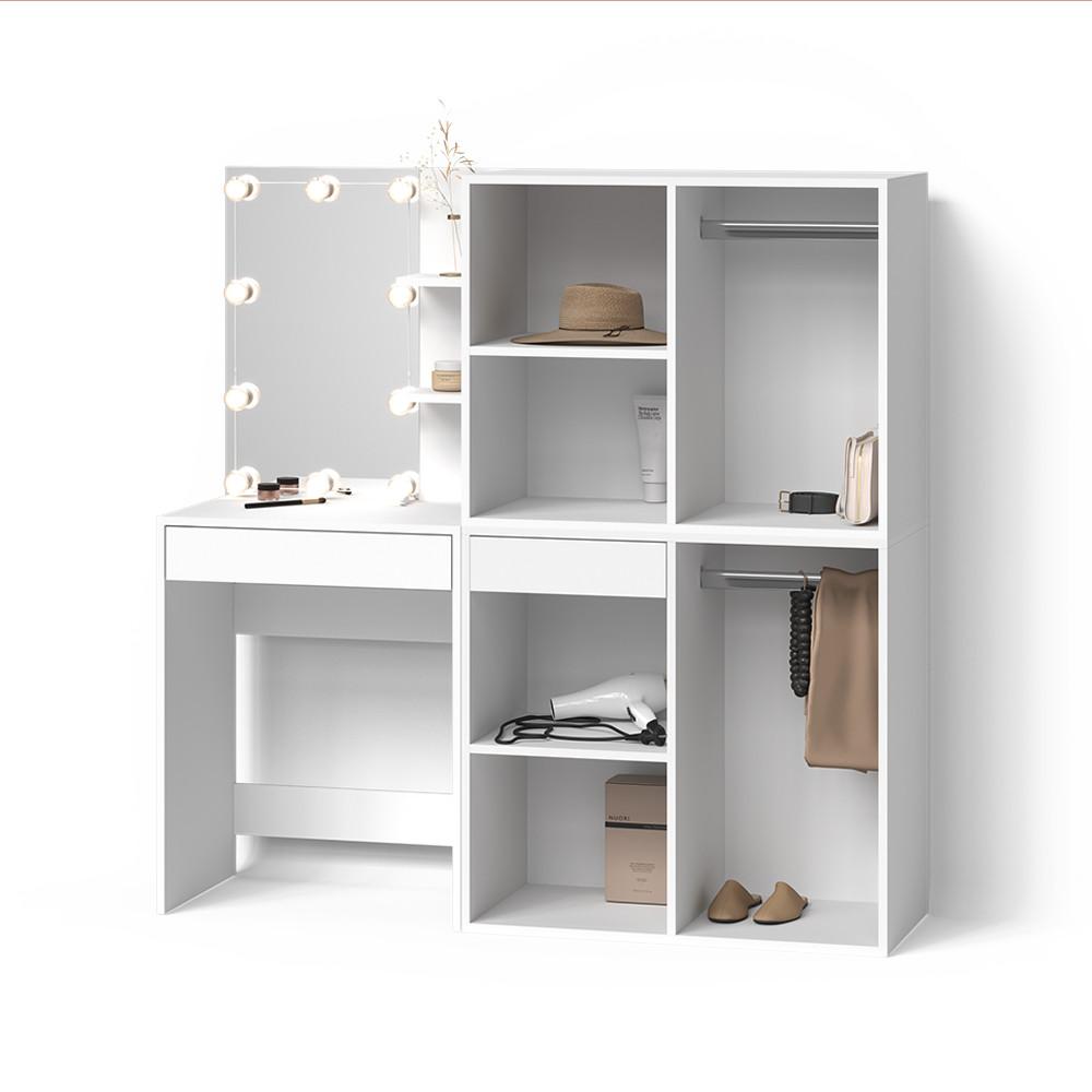 Wohnli Möbelsuche - SCHMINKTISCH Nola Weiß 140 cm mit LED Beleuchtung und Schränken