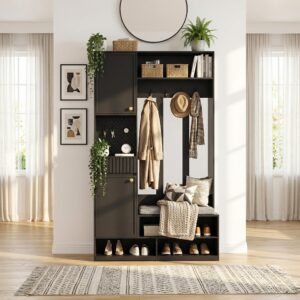GARDEROBEN-SET 100 cm in Schwarz 6-in-1 Flurgarderobe Holzwerkstoff Urban Meuble Garderoben Schwarz