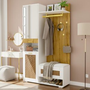 wohnli-moebel-suche-800001402772-1 GARDEROBEN-SET 110 cm in Weiß/Holz mit Spiegel Rattan-Optik Holzwerkstoff Urban Meuble Garderoben Braun