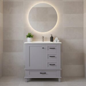 wohnli-moebel-suche-800001402774-1 WASCHTISCHKOMBI Grau freistehend mit Keramikbecken & 3 Schubladen Holzwerkstoff, Keramik Urban Meuble Möbel > Schränke > Badezimmerschränke > Waschbeckenunterschränke Grau
