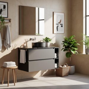 wohnli-moebel-suche-800001402780-1 WASCHTISCHKOMBI Schwarz-Grau mit Keramikbecken Holzwerkstoff Urban Meuble Möbel > Schränke > Badezimmerschränke > Waschbeckenunterschränke Grau