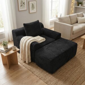 SESSEL mit Hocker in Cord Übergroßer Relaxsessel Textil Urban Meuble Möbel > Sessel > Relaxsessel Schwarz