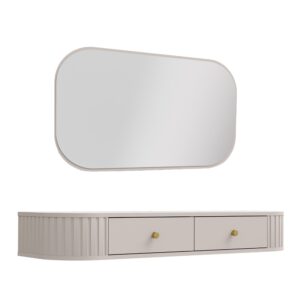 wohnli-moebel-suche-800001433242-1 KONSOLENTISCH Halay Beige 2 Schubladen mit runden Kanten + Rechteckiger Spiegel Holzwerkstoff AX Living Möbel > Kommoden & Schubladenschränke > Konsolentische Beige