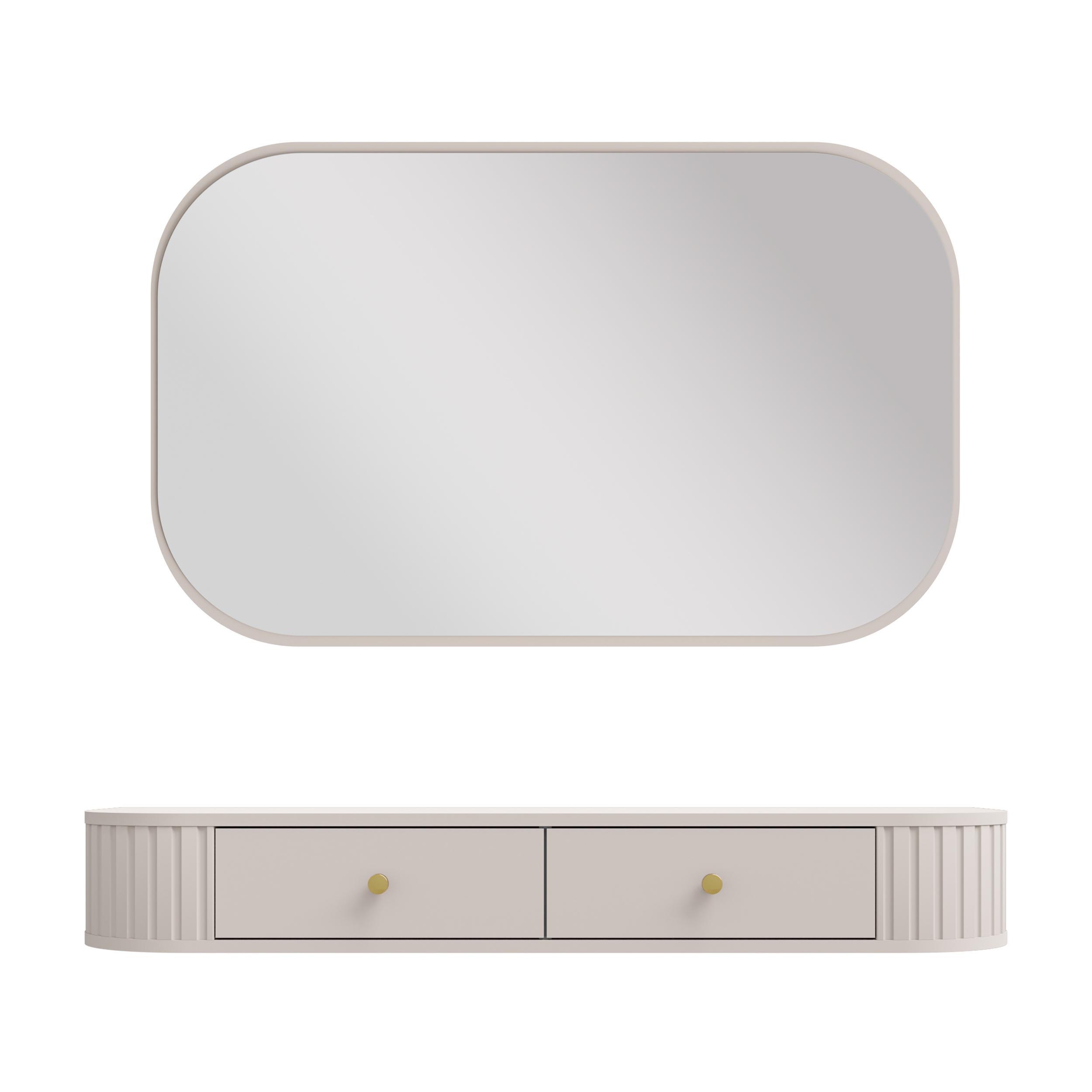 wohnli-moebel-suche-800001433242 Wohnli Möbelsuche - KONSOLENTISCH Halay Beige 2 Schubladen mit runden Kanten + Rechteckiger Spiegel