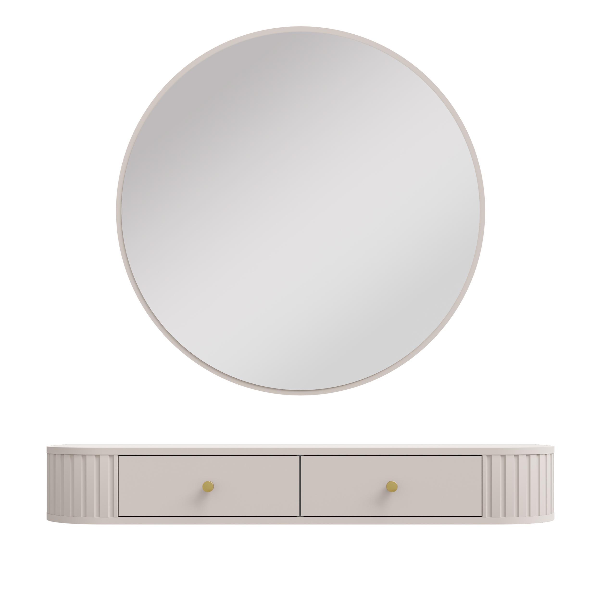 wohnli-moebel-suche-800001433249 Wohnli Möbelsuche - KONSOLENTISCH Halay Beige 2 Schubladen mit runden Kanten + Rund Spiegel 100 cm