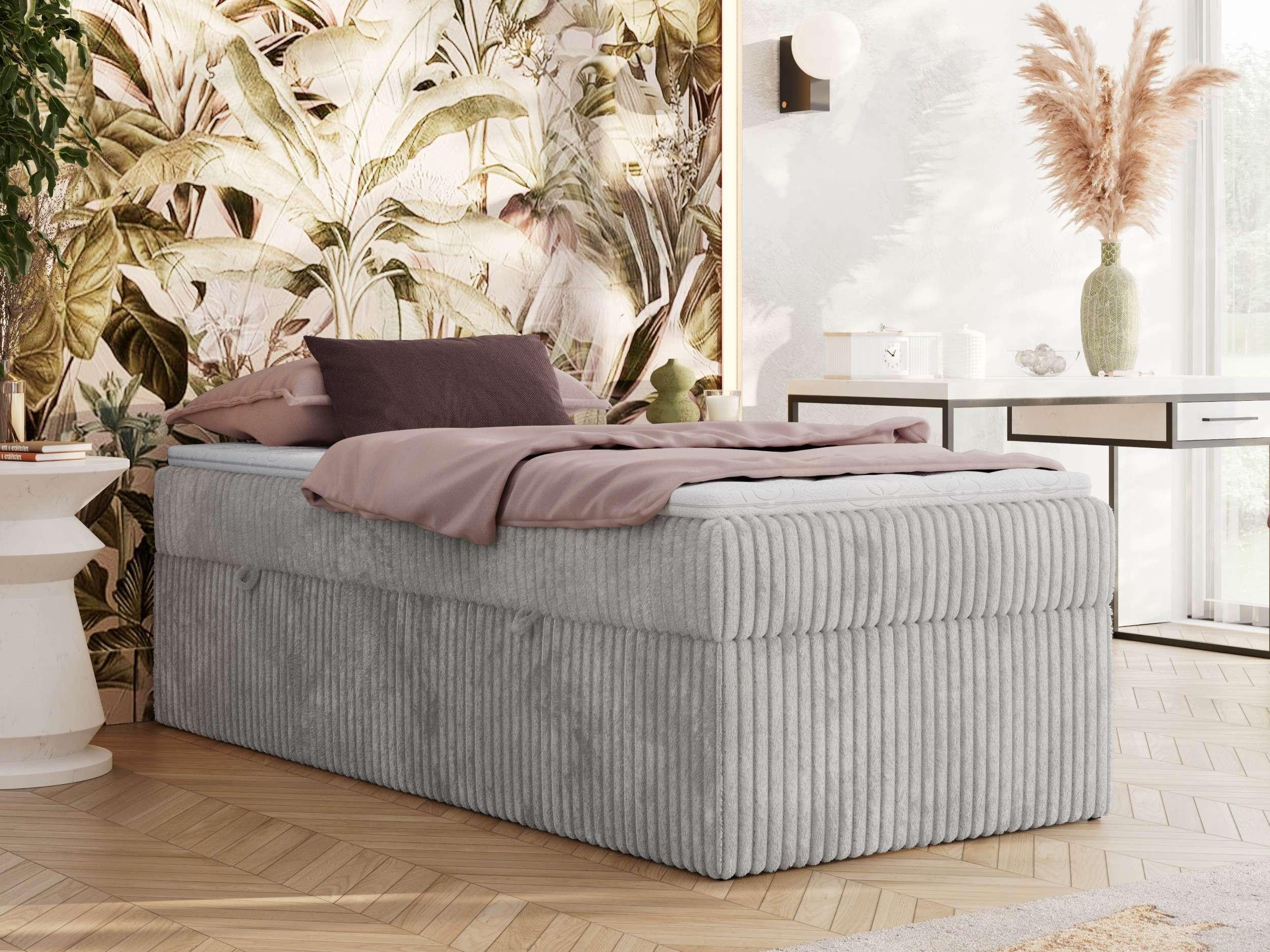 wohnli-moebel-suche-800001438214-1 BOXBETT ZERO 90/200 - Hellgrau Cord - H3 - Topper Visco Textil MKS Möbel > Betten > Boxspringbetten Grau