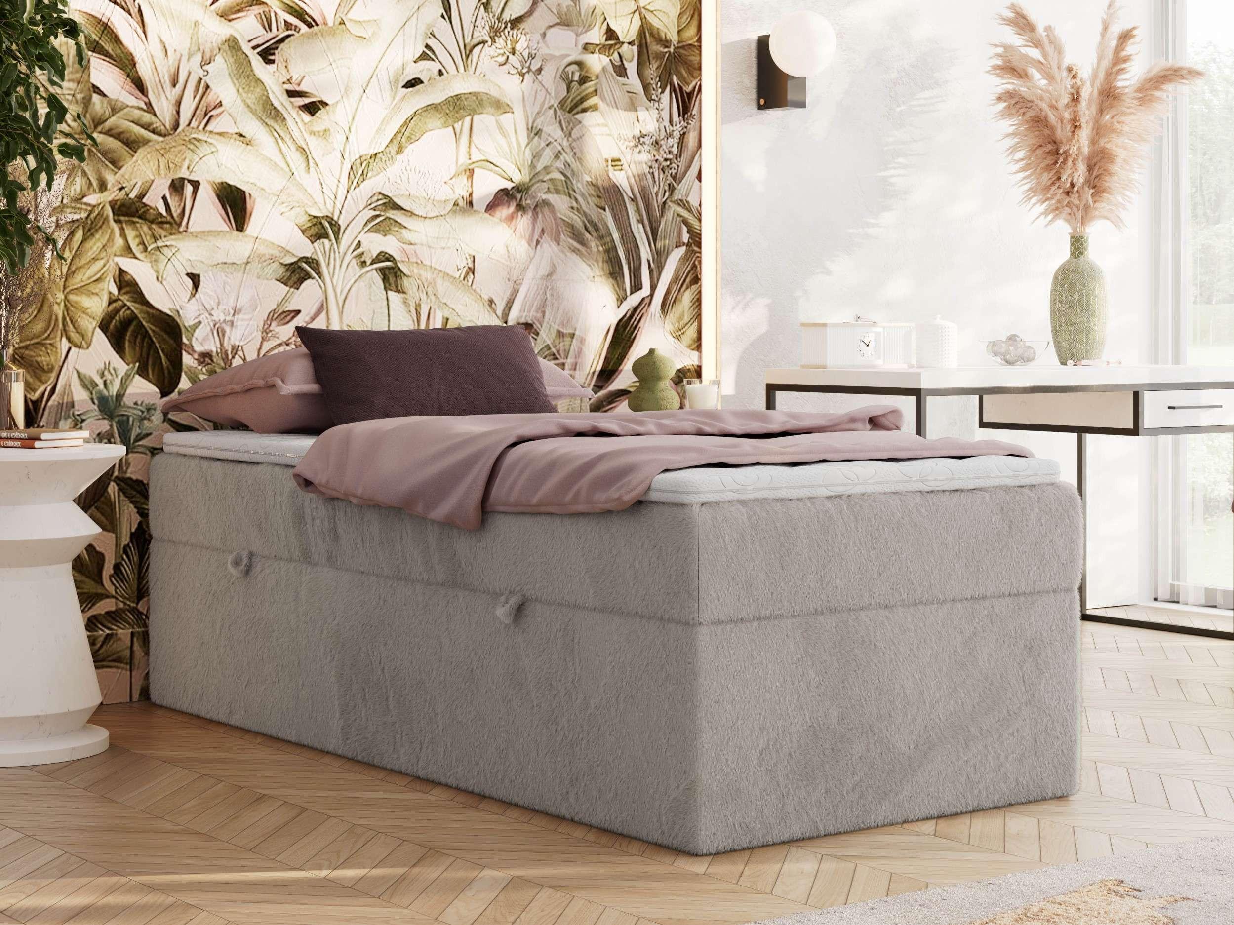 wohnli-moebel-suche-800001438316-1 BOXBETT ZERO 90/200 - Hellgrau Plüsch - H4 - Topper Visco Textil MKS Möbel > Betten > Boxspringbetten Grau