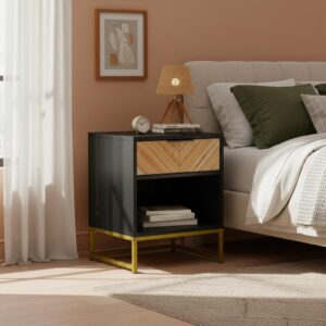 wohnli-moebel-suche-800001442901-1 NACHTTISCH 43 cm Schwarz & Natur – Nachtkonsole mit Schublade & Metallbeinen Industrial Holzwerkstoff Urban Meuble Möbel > Kommoden & Schubladenschränke > Nachttische Braun