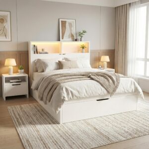 wohnli-moebel-suche-800001442908-1 BETT 90x200 cm Weiß Multifunktions mit LED & USB Holzwerkstoff Urban Meuble Möbel > Betten Weiß