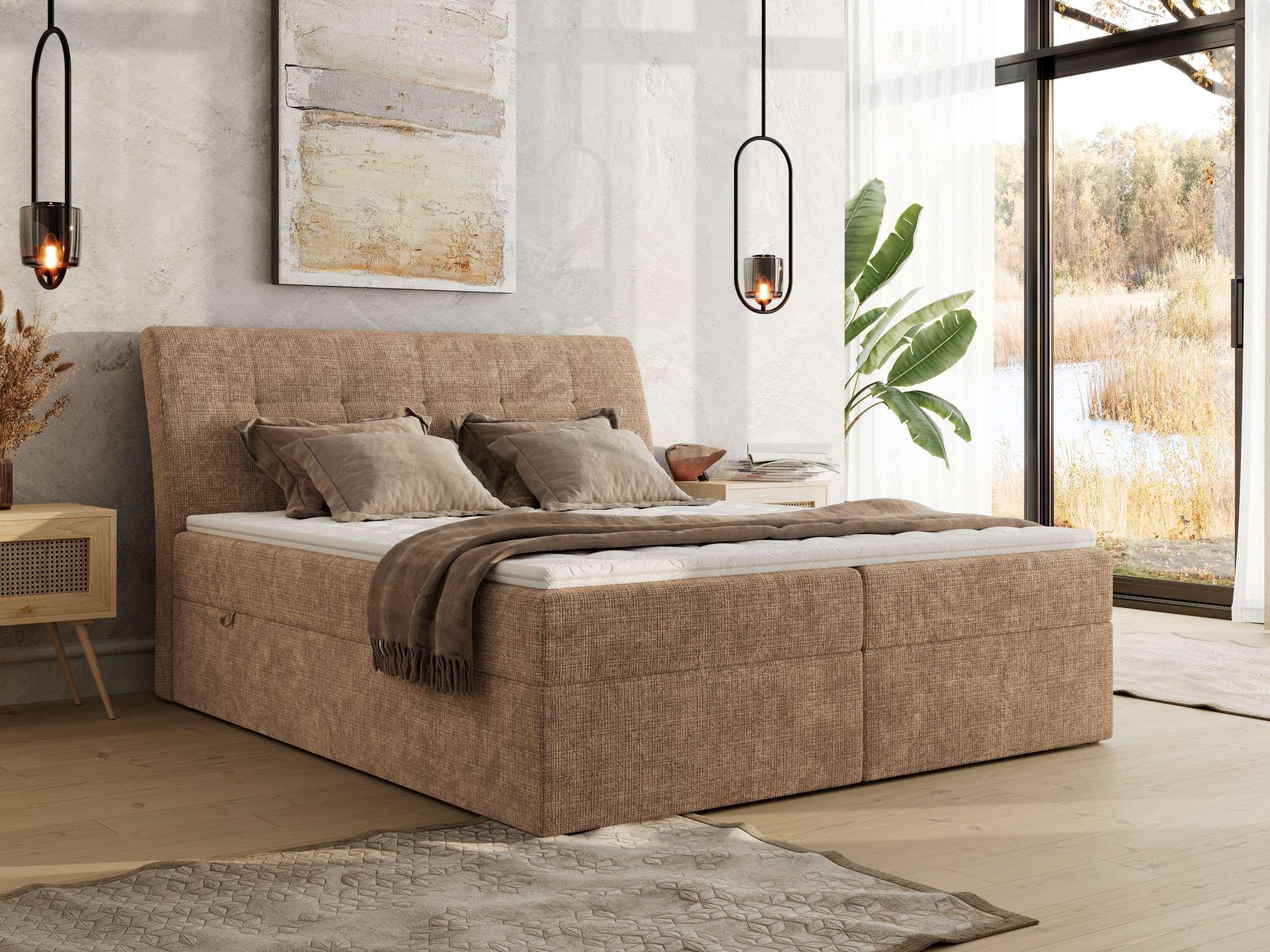 BOXBETT DAGOS 160/200 - Hellbraun Schenille grob gewebt - H4 - Topper T25 Textil MKS Möbel > Betten > Boxspringbetten Braun