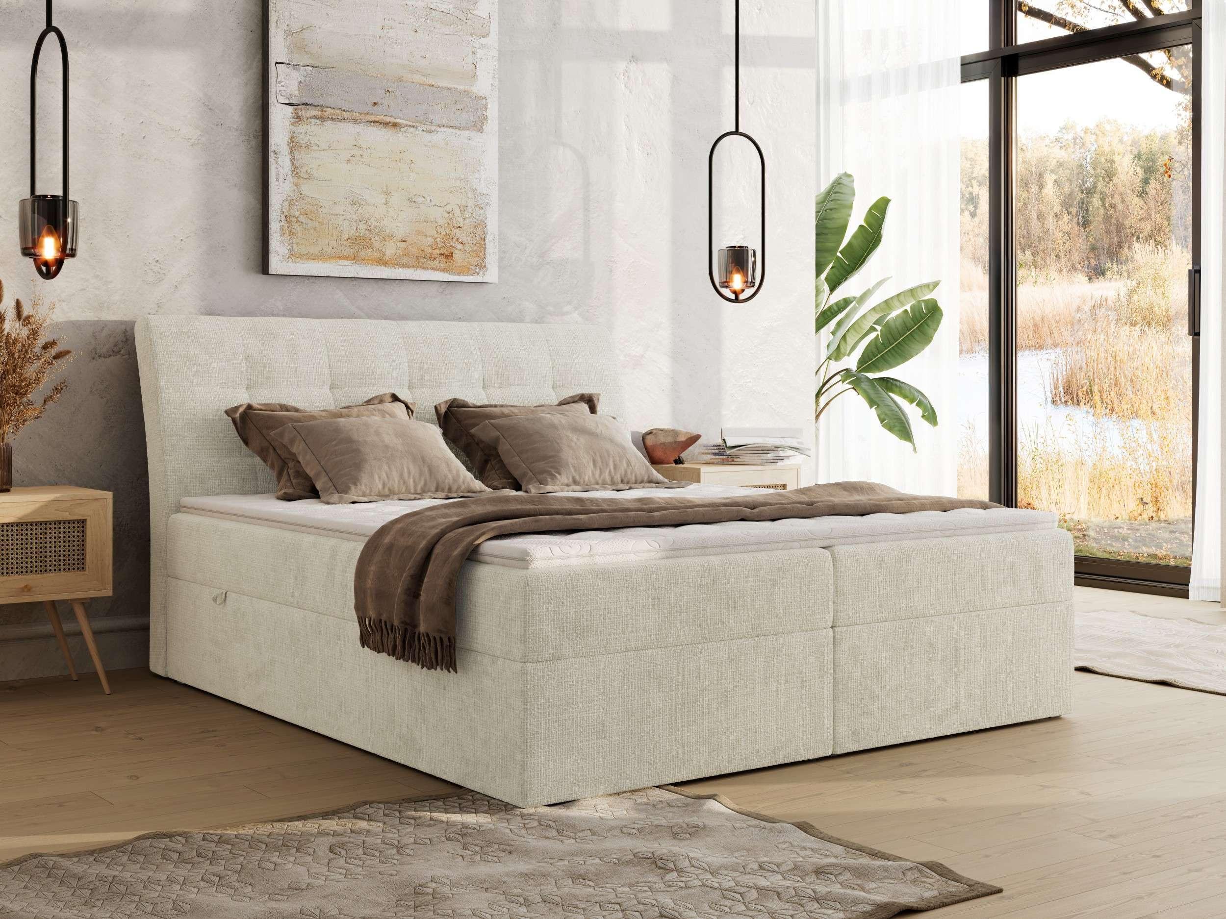 BOXBETT DAGOS 200/200 - Creme Schenille grob gewebt - H3 - Topper Visco Textil MKS Möbel > Betten > Boxspringbetten Weiß