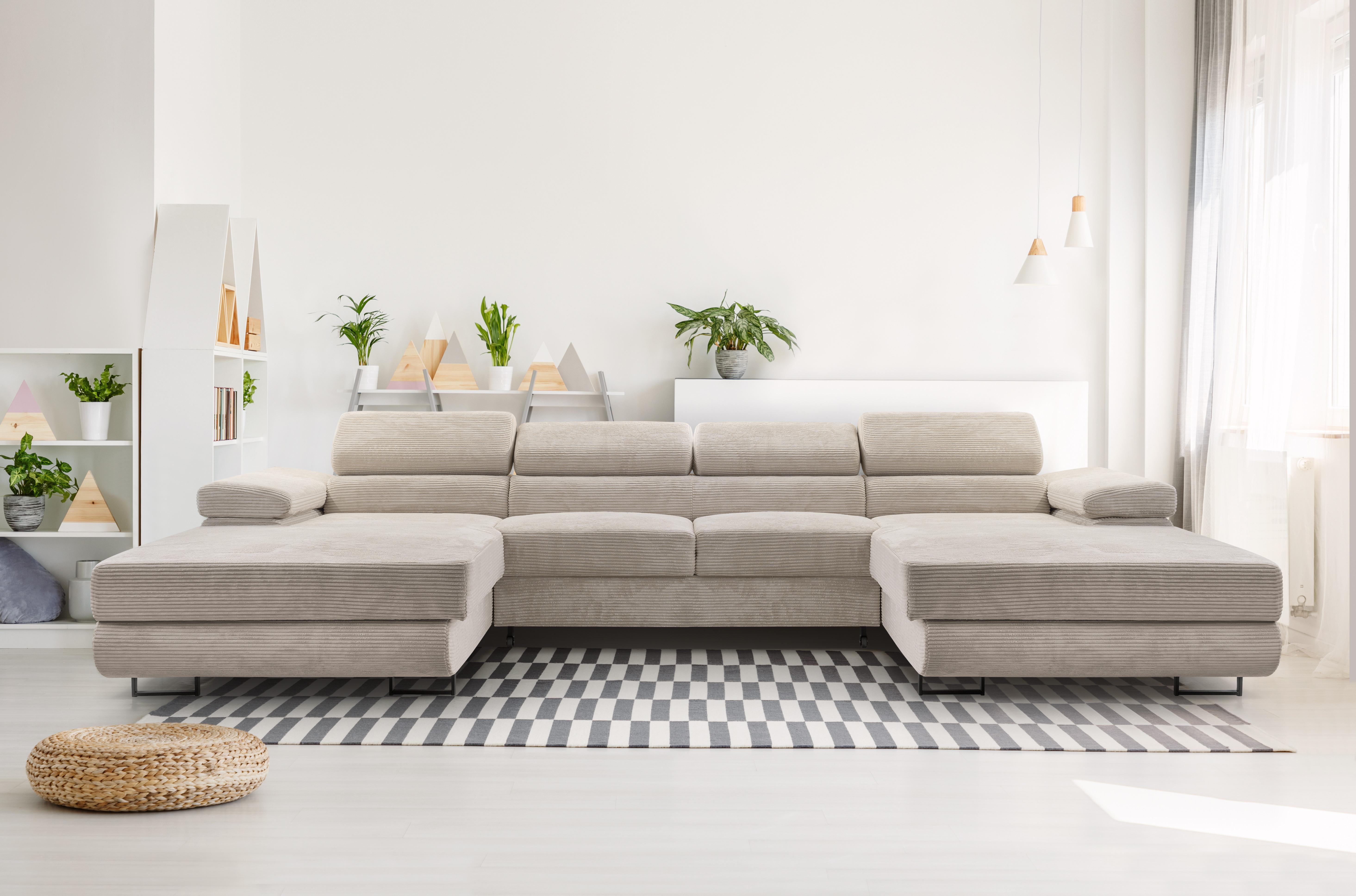 WOHNLANDSCHAFT GIULIO Beige Velours-Stoff mit Schlaffunktion Holz MASSENO Möbel > Sofas & Couches > Wohnlandschaften > Wohnlandschaften U-Form Beige