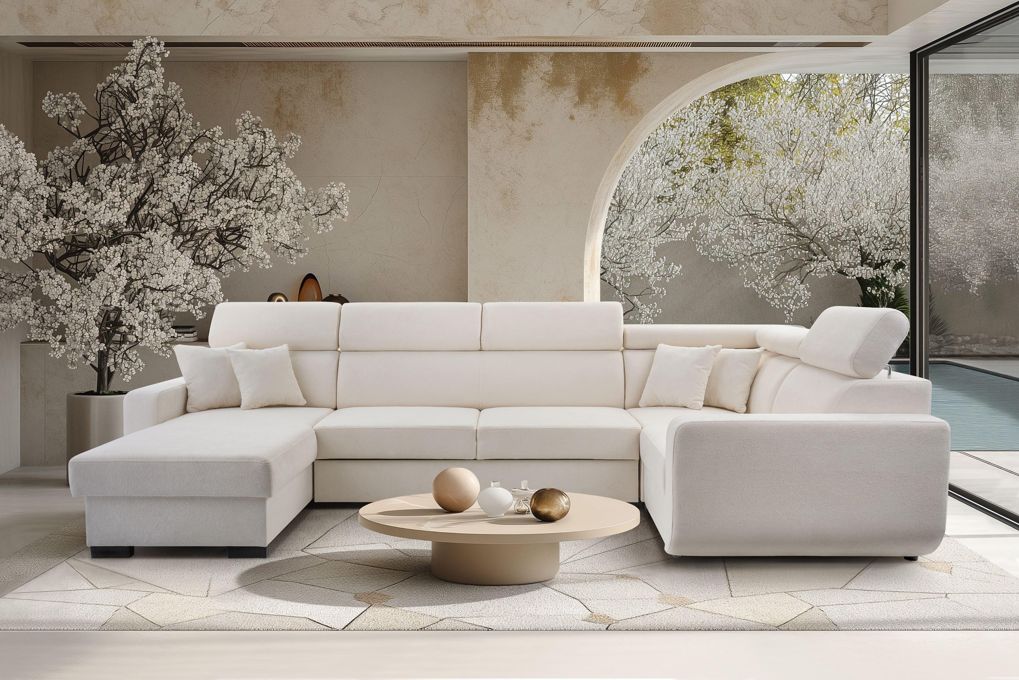 WOHNLANDSCHAFT CASTELLO Beige Plüsch-Stoff mit Schlaffunktion Holz MASSENO Möbel > Sofas & Couches > Wohnlandschaften > Wohnlandschaften U-Form Beige