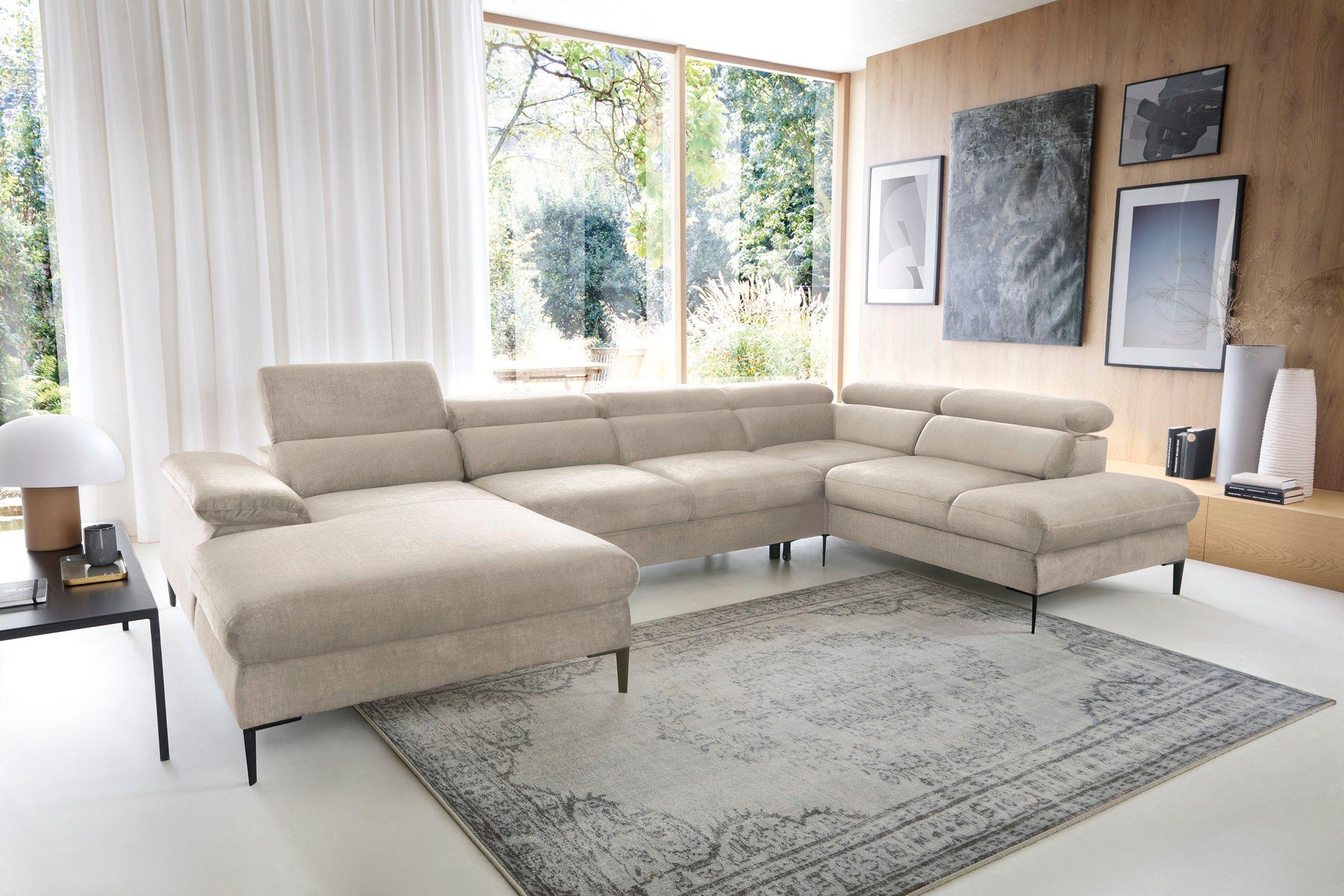 WOHNLANDSCHAFT MESTO Creme Velours-Stoff mit Schlaffunktion Holz MASSENO Möbel > Sofas & Couches > Wohnlandschaften > Wohnlandschaften U-Form Weiß
