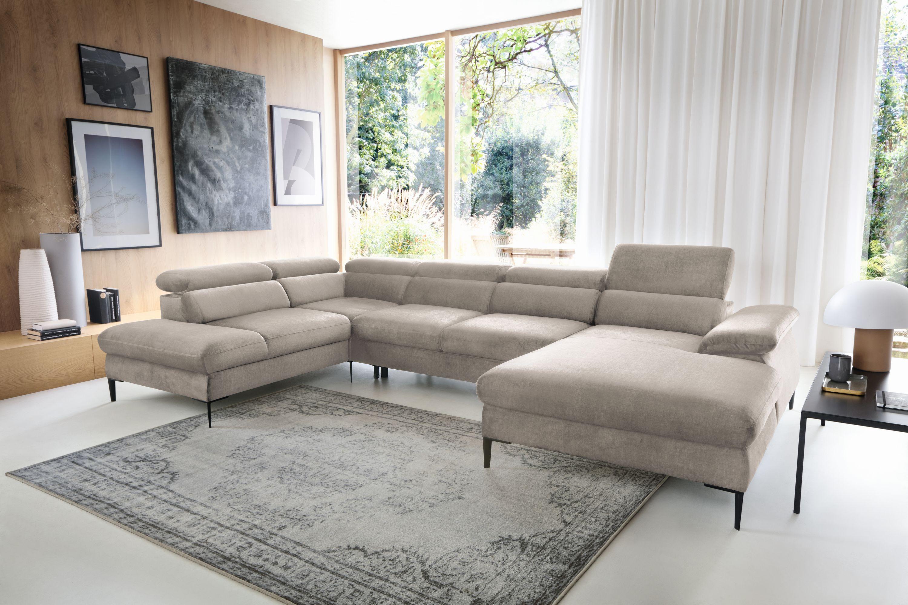 WOHNLANDSCHAFT MESTO Beige Velours-Stoff mit Schlaffunktion Holz MASSENO Möbel > Sofas & Couches > Wohnlandschaften > Wohnlandschaften U-Form Beige
