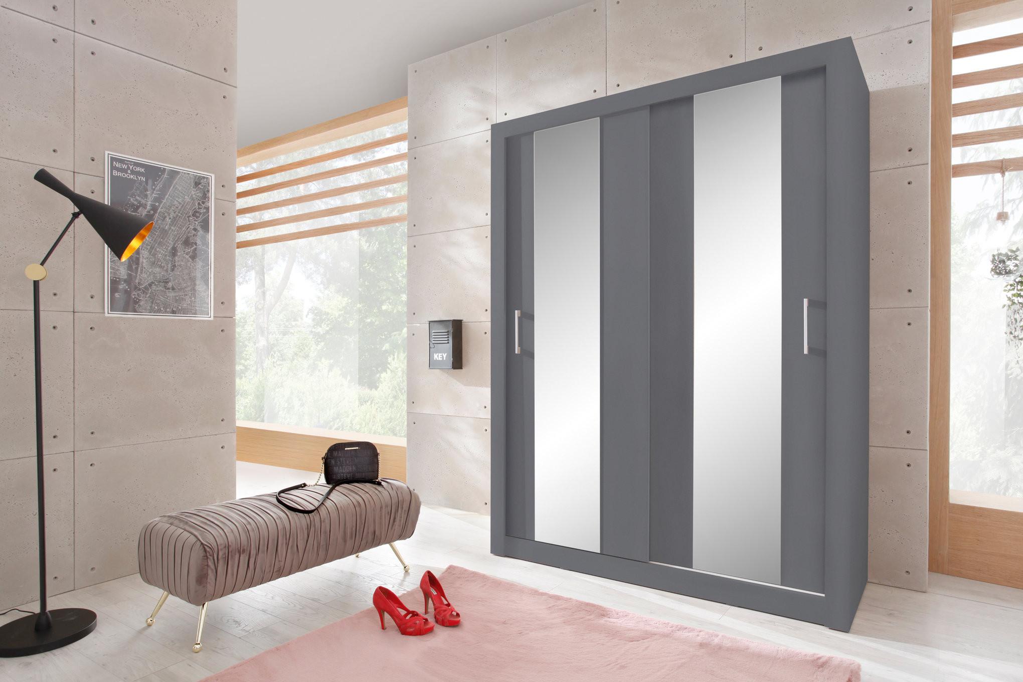 wohnli-moebel-suche-800001455227-1 SCHWEBETÜRENSCHRANK MIRA 160/215/60cm 2-türig mit Spiegel Anthrazit Holzwerkstoff MASSENO Möbel > Schränke > Kleiderschränke > Schwebetürenschränke Anthrazit