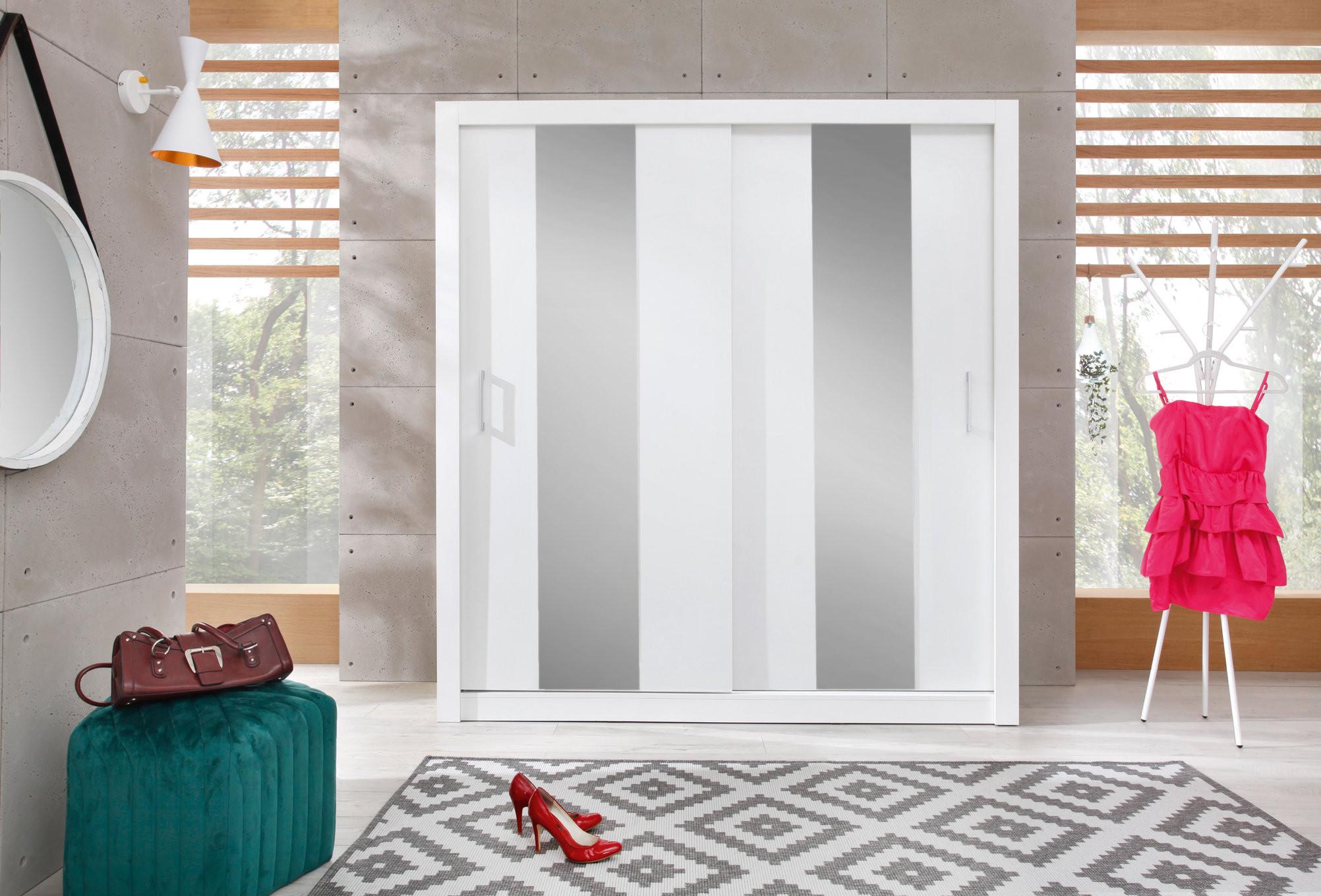 wohnli-moebel-suche-800001455234-1 SCHWEBETÜRENSCHRANK MIRA 200/215/60cm 2-türig mit Spiegel Weiß Holzwerkstoff MASSENO Möbel > Schränke > Kleiderschränke > Schwebetürenschränke Weiß