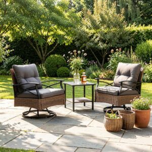 GARTENSTUHL SET 3-tlg Polyrattan Braun/Grau 2 Dreh-Schaukelstühle mit Beistelltisch Metall Urban Meuble Garten & Outdoor > Gartenmöbel > Gartenmöbel-Sets Grau