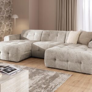 WOHNLANDSCHAFT Kozy im Bumpy-Design mit fester Rückenlehne aus weichem Dunkelbeige Chenille-Stoff Textil S-Style Möbel Möbel > Sofas & Couches > Wohnlandschaften > Wohnlandschaften U-Form Beige