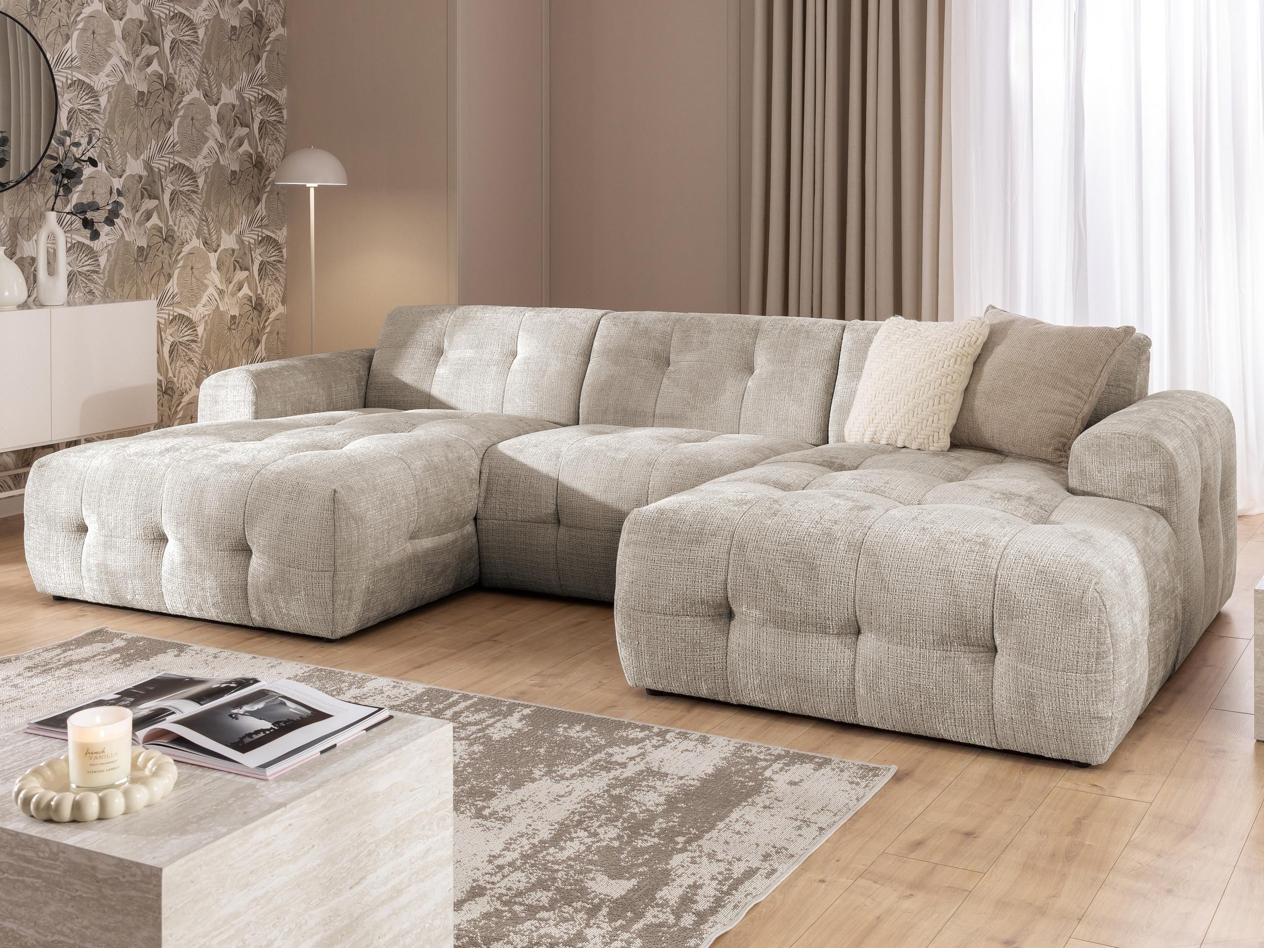 WOHNLANDSCHAFT Kozy im Bumpy-Design mit fester Rückenlehne aus weichem Dunkelbeige Chenille-Stoff Textil S-Style Möbel Möbel > Sofas & Couches > Wohnlandschaften > Wohnlandschaften U-Form Beige
