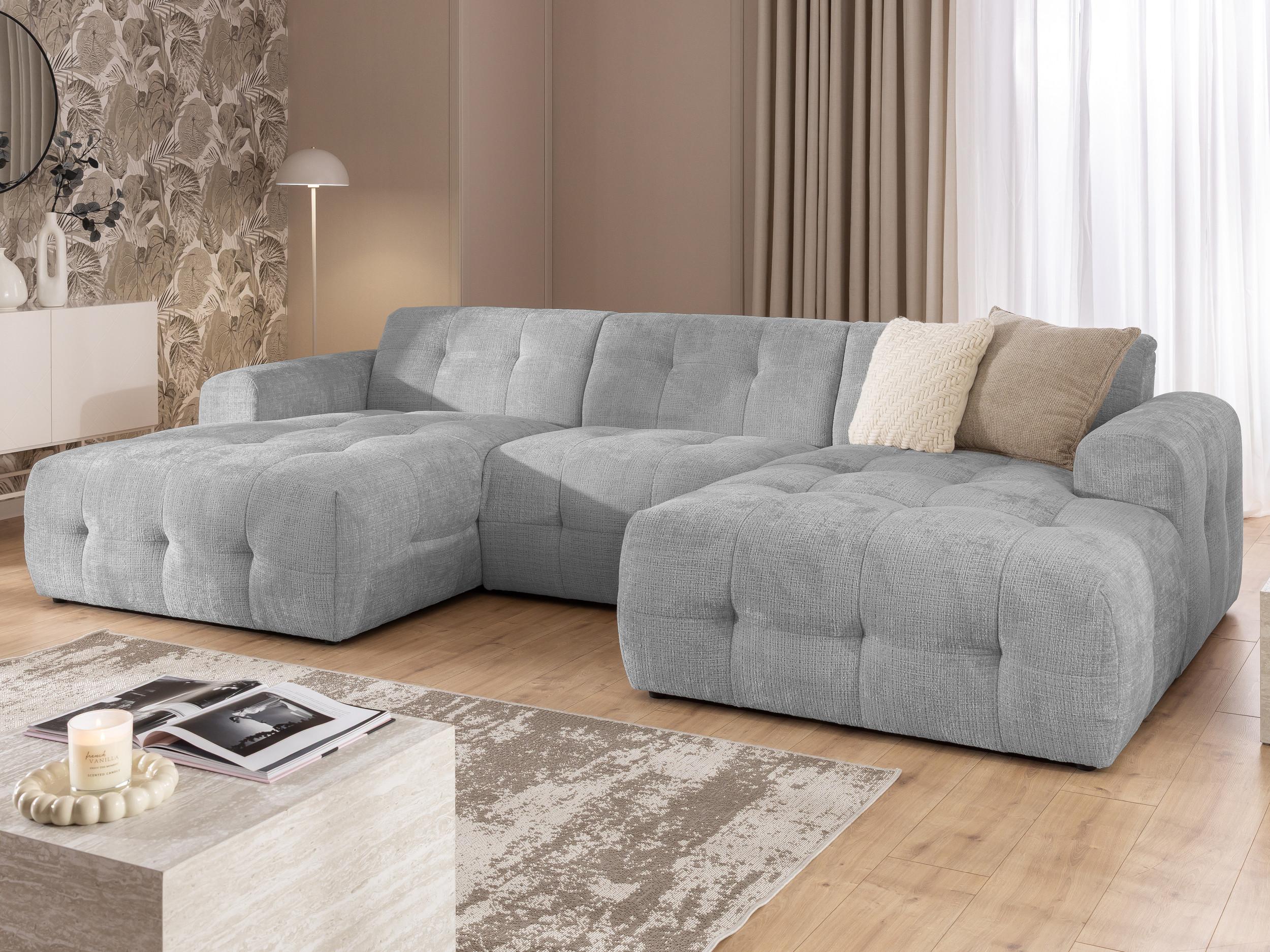 WOHNLANDSCHAFT Kozy im Bumpy-Design mit fester Rückenlehne aus weichem Hellgrau Chenille-Stoff Textil S-Style Möbel Möbel > Sofas & Couches > Wohnlandschaften > Wohnlandschaften U-Form Grau
