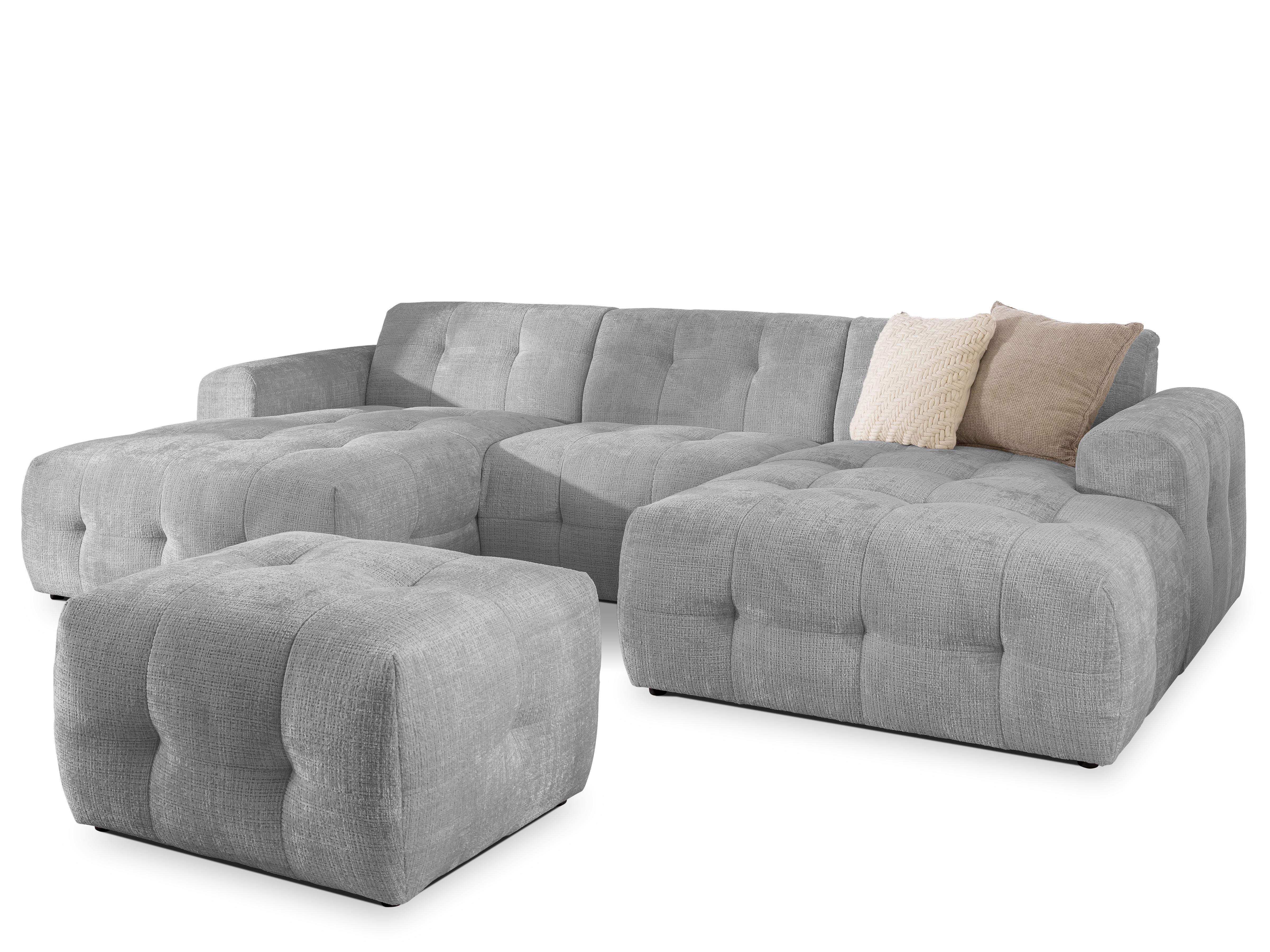 wohnli-moebel-suche-800001471640 Wohnli Möbelsuche - WOHNLANDSCHAFT inkl. Hocker Kozy im Bumpy-Design mit Schlaffunktion und fester Rückenlehne aus weichem Hellgrau Chenille-Stoff