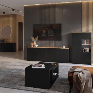 wohnli-moebel-suche-800001480433-1 GESCHIRRSCHRANK Liko Schwarz und Holz Holzwerkstoff Petits-meubles Möbel > Schränke > Vitrinen Schwarz