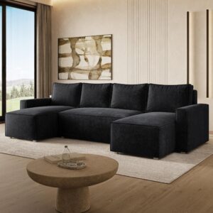 WOHNLANDSCHAFT ASPRA LM Schwarz Chenille mit Schlaffunktion Holz MASSENO Möbel > Sofas & Couches > Wohnlandschaften > Wohnlandschaften U-Form Schwarz